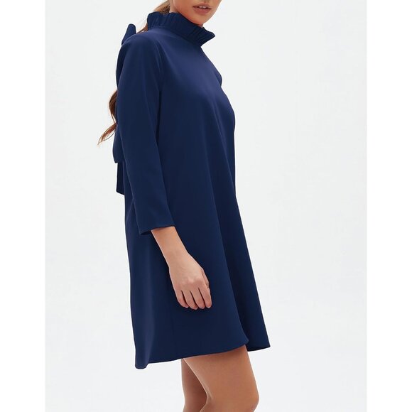 Women's Fall Bow Tie Dress Casual Mini Ruffle Mock Neck Long Sleeve Shift - Picture 6 of 6